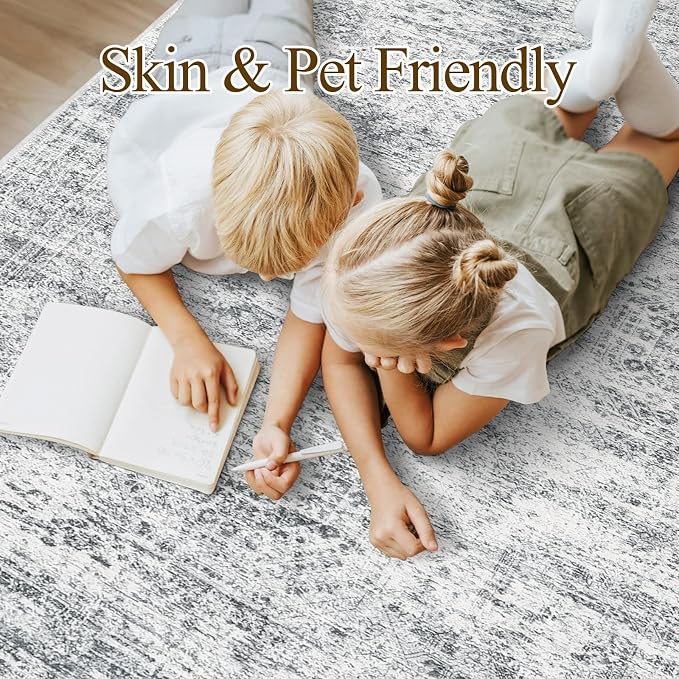 Soalmost 10x14 Area Rugs for Living Room Washable Rug Non-Slip Grey | Large Vintage Stain Resistant Carpet for Dining Bedroom, Low Pile Lightweight Foldable Floor Mat Nursery Home Office Decor