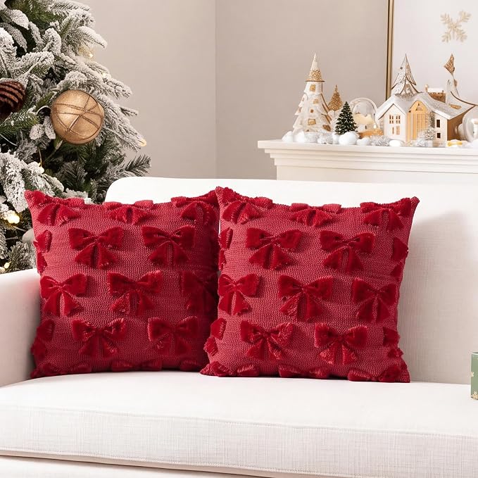 Mixweer Burgundy Bow Pillow Covers Set of 2 Preppy Room Decor Coquette Cute Spring Summer Decorative Faux Fur Soft Bowknot Stuff Fluffy Plush Aesthetic Pillowcase for Bed Sofa Couch (18 x 18 Inch)
