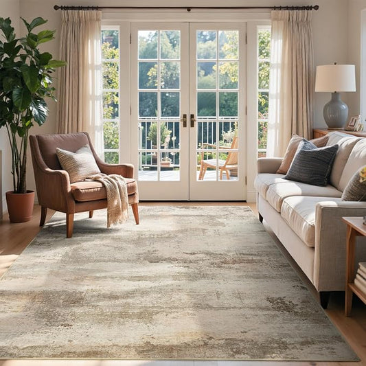 4x6 Ft Abstract Area Rugs for Living Room, Soft Non-Slip Modern Washable Rugs Print Pattern Carpet for Bedroom Indoor Floor Nursery Home Decor (Pink-Brown/Light tan)