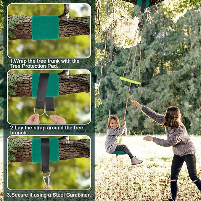 AGPTEK Disc Swing with Monkey Bars,Tree Swing Set Accessories Rope Disk Swing Seat with Carabiner and 22in Hanging Strap Heavy Duty Swingset for Zipline Outdoor Playground, Jungle & Gym(Green)