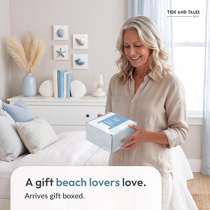 Tide and Tales 3D Seashell Wall Art, Coastal Bathroom Wall Decor, Set of 4 | 6" x 6", Textured 3D Beach Decor, Rustic Ocean Theme Decorations for Home or Beach House, Hanging Ready, Gift Boxed