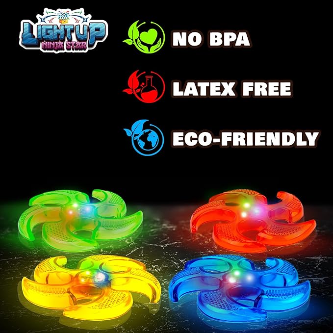 PICK A TOY Light Up Ninja Flyers Set, 4 LED Electronic Stars, Heavy Duty Rubber Throwing Discs, Interactive Kids Toys for Tossing Games and Play, 4 Colors (Red, Blue, Yellow, Green)