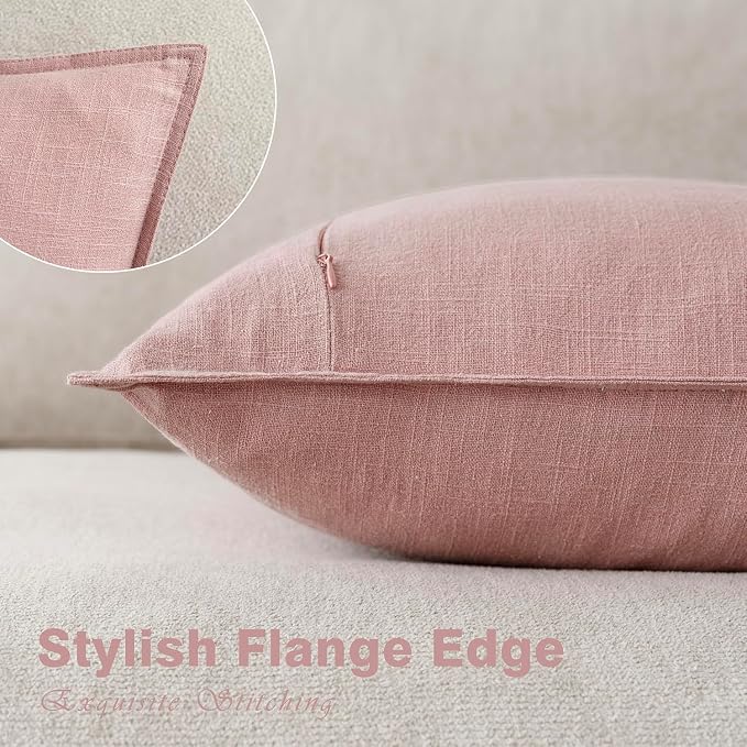 Foindtower Pack of 2, Decorative Linen Solid Throw Pillow Covers Soft Accent Cushion Euro Case Boho Farmhouse Pillowcase for Chair Couch Sofa Bedroom Living Room Home Decor 18 x 18 Inch Rose Pink
