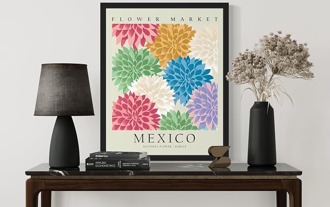 Mexico, Dahlia Art Print Poster, Flower Market Wall Art, Floral Artwork Decor for Bedroom, Kitchen, Bathroom, Livingroom Decoration 52 (Mexico, Dahlia, 20"L x 16"W, Black Frame)