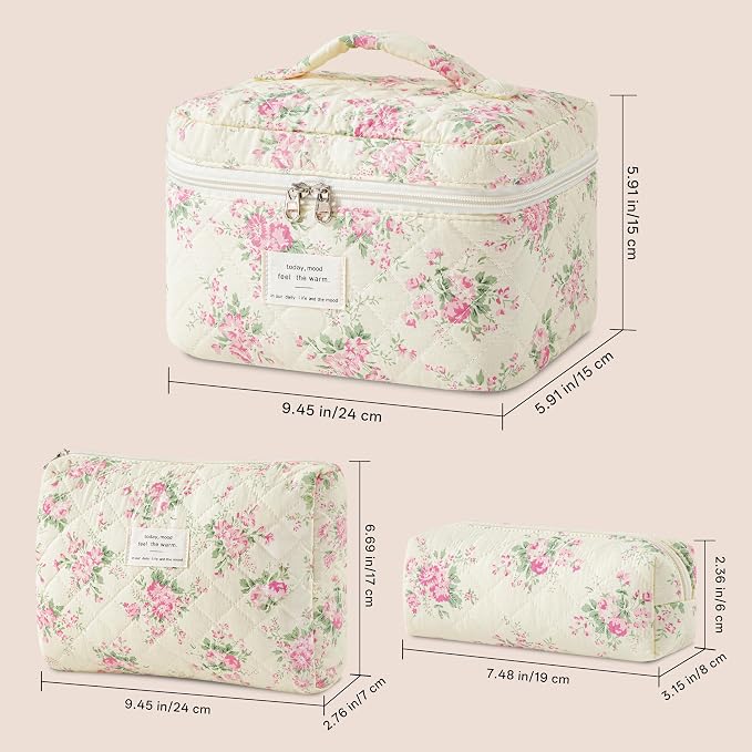 HBselect Quilted Makeup Bag, 3PCS Cotton Large Travel Makeup Bag, Cute Floral Coquette Make up Bag Cosmetic Bag Toiletry Bag for Women Girls