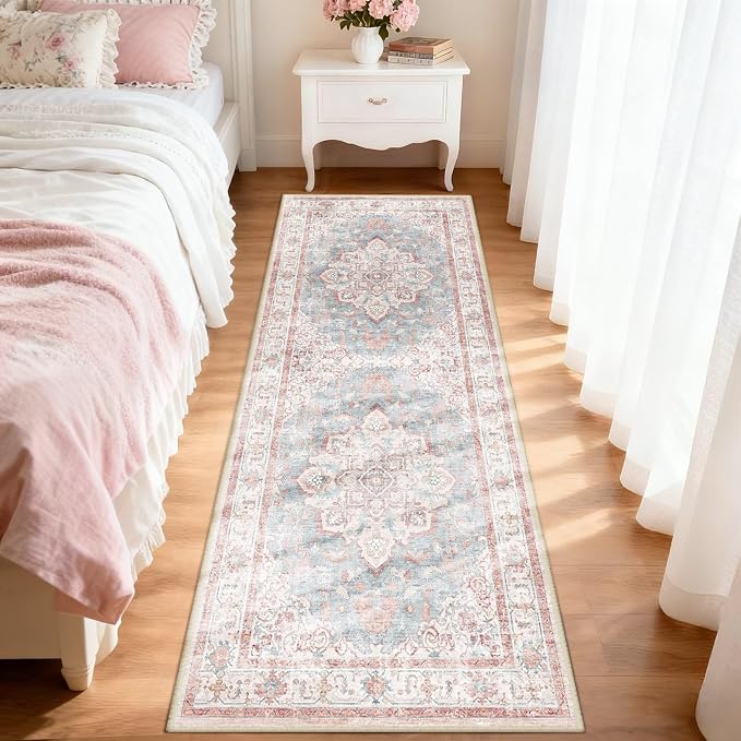CAPALOCA Runner 2x6 Washable Nursery Girls Low Pile Area Rug Pink Blue | Non-Slip Soft Rugs for Bedroom Kids Playroom Living Room, Print Pattern Water Repellent Carpet Indoor Decor
