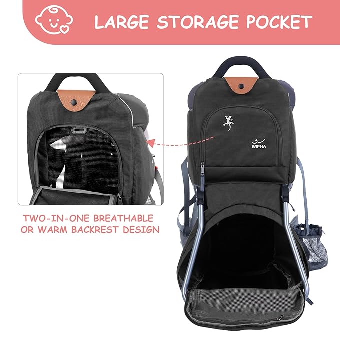 Wipha Baby Backpack Carrier, Toddler Carrier with Canopy, Adjustable and Safe Hiking Backpack for Baby(Creeper III-Black)