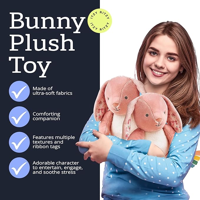 Itzy Ritzy Snuggles Plush Toy – Soft Stuffed Animal for Babies, Kids & Adults – Sensory Ribbons & Textured Fabrics for Tactile Play – Cozy & Cuddly Companion for Newborns & Up (Pink Bunny)