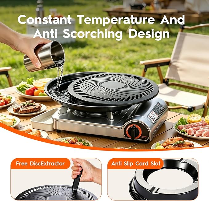 Korean BBQ Grill Pan, Nonstick 13.5" Round Indoor Grill Pan Smokeless Cast Aluminum Includes Food Tongs & Grill Plate Handle, Outdoor Camping Grilling, Picnic Cooking