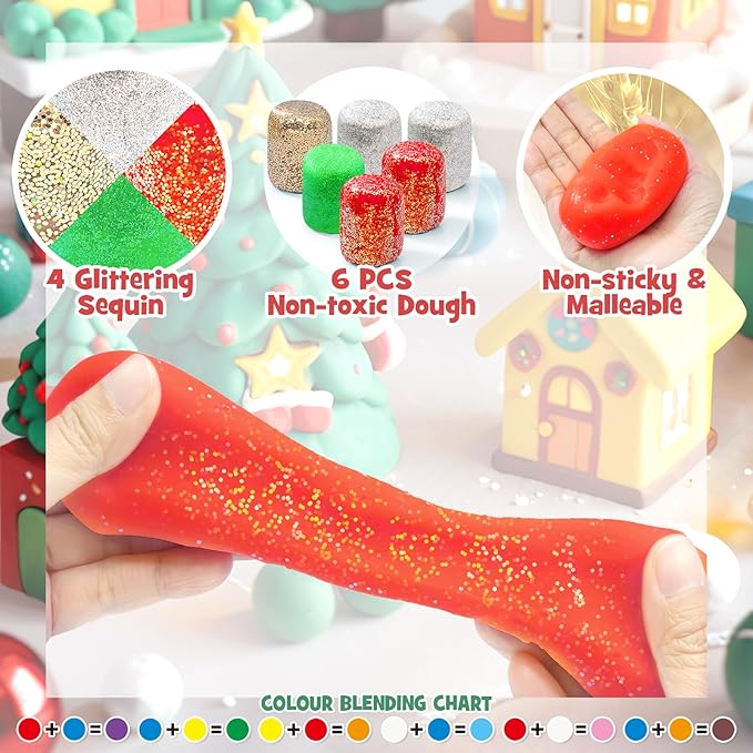 SIMPLIPLAY Christmas Sensory Dough Kit with 6 PCS 18oz Glitter Doughs & Accessories(280+pcs), DIY Christmas Crafts Kids, Stocking Stuffers for Kids, Build a Snowman Kit with Ornaments Creative Gift