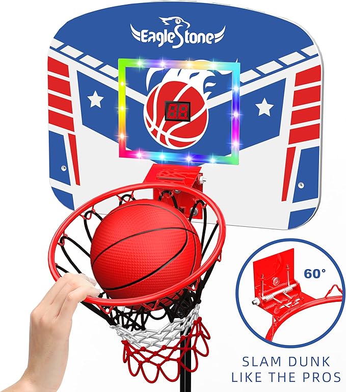 Eaglestone Kid Basketball Hoop Indoor with LED Lights & Scoreboard,Toddler Basketball Hoop Adjustable Height 2.9ft-6ft, Mini Hoop Outdoor with 3 Balls,Basketball Toy Gifts for 3-12 Year Old Boys Girls