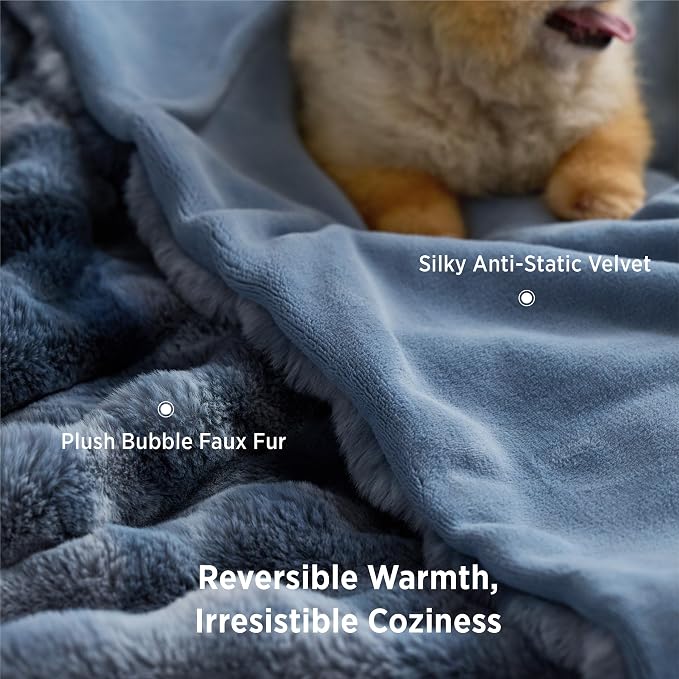 Bedsure GentleSoft Bubble Faux Fur Blankets Queen Size, Fluffy Fuzzy Queen Blanket for Bed, Soft Cozy Faux Fur Bedding for Winter, Thick Warm Plush Bed Cover, Tie-dye Blue, 90x90