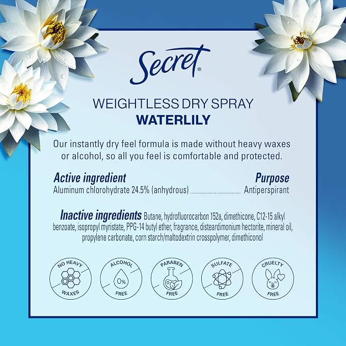 Secret Dry Spray Antiperspirant Deodorant for Women, 48hr Weightless Sweat & Odor Protection, Gentle on Skin, Waterlily & Argan Oil Scent, 4.1 oz (Pack of 3)