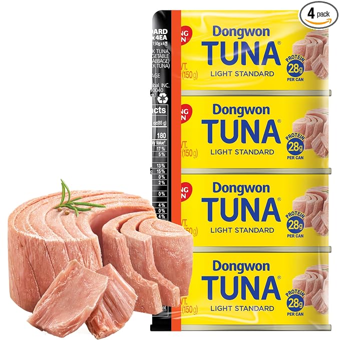Dongwon Korean Canned Tuna, Light Standard in Canola Oil, 4-Pack — Wild-Caught Skipjack Solid Flakes, 28g Protein per Can, Keto-Friendly, Low-Carb, Omega-3, No Draining, 5.3oz (150g), Made in Korea
