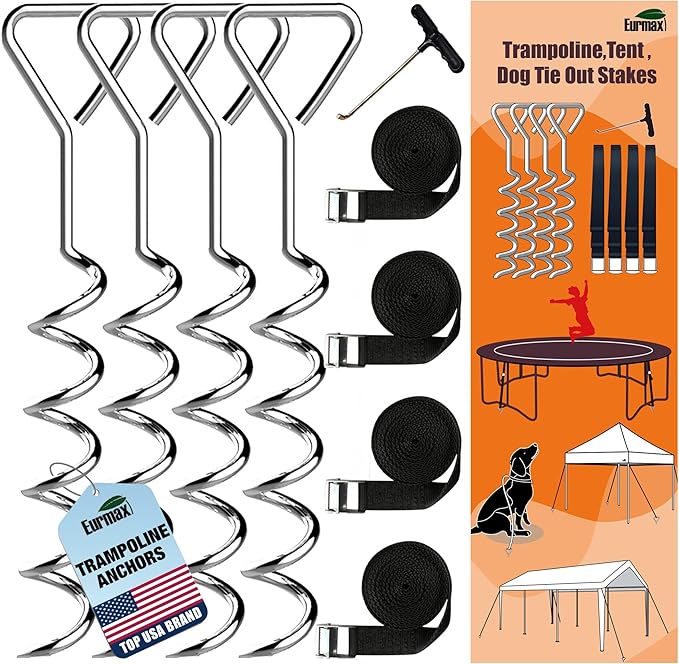 EURMAX USA Windproof Trampoline Stakes Anchor Kit-4pcs Steel Corkscrew Anchor,Heavy Duty Tie Down Kit with T-Hook&Reinforced Safety Straps,Secure Weatherproof Protection for Trampolines,Tents&Playsets