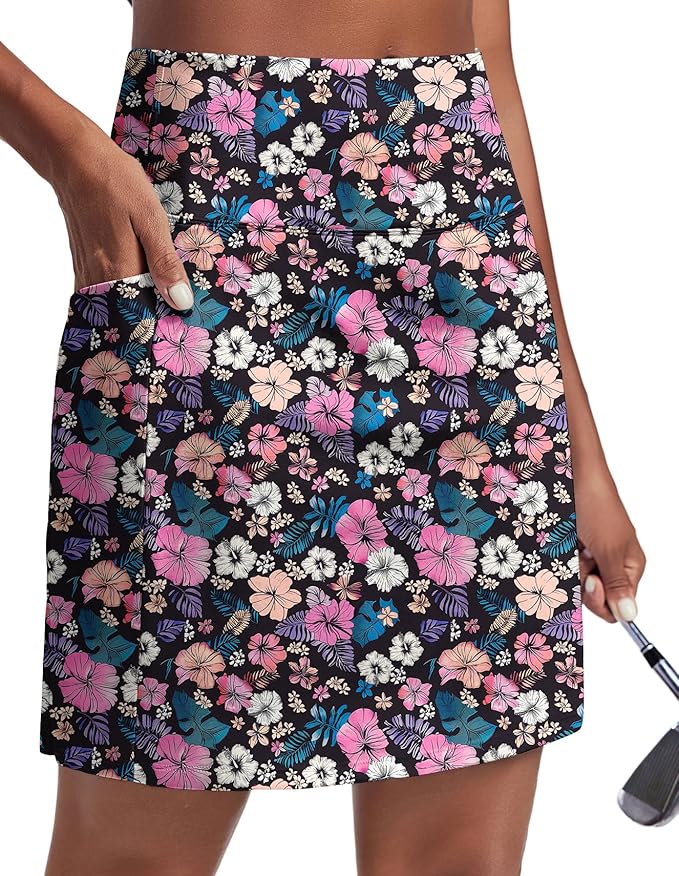 PINSPARK 19" Knee Length Skorts for Woman with Pockets UPF 50+ Golf Skirts | 4 Pockets, Built-in Shorts, High Waisted & Tummy Control, Moisture-wicking for Golf Athletic Tennis Workout Casual