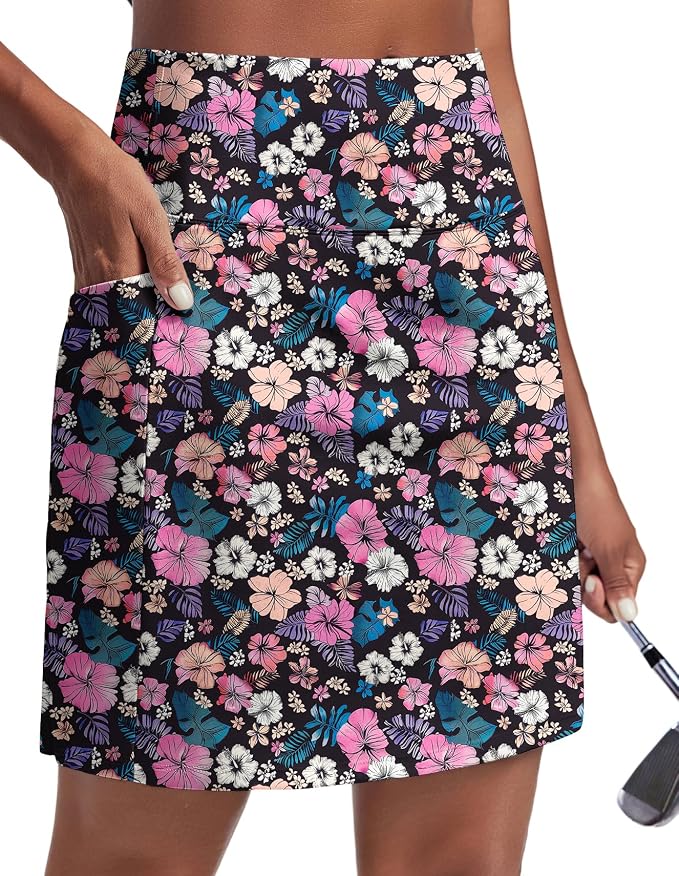 PINSPARK 19" Knee Length Skorts for Woman with Pockets UPF 50+ Golf Skirts | 4 Pockets, Built-in Shorts, High Waisted & Tummy Control, Moisture-wicking for Golf Athletic Tennis Workout Casual