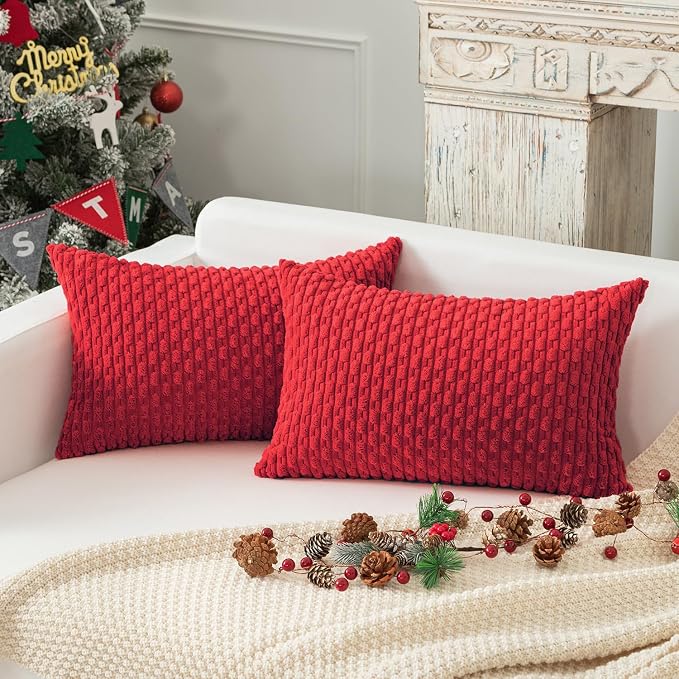 Kevin Textile Soft Corduroy 14"x24" Lumbar Pillow Cover 1 Pack, Red | Boho Stripe Plush Corduroy Decorative Oblong Cushion Cover Modern Farmhouse Home Decor for Sofa Couch Bed Chair