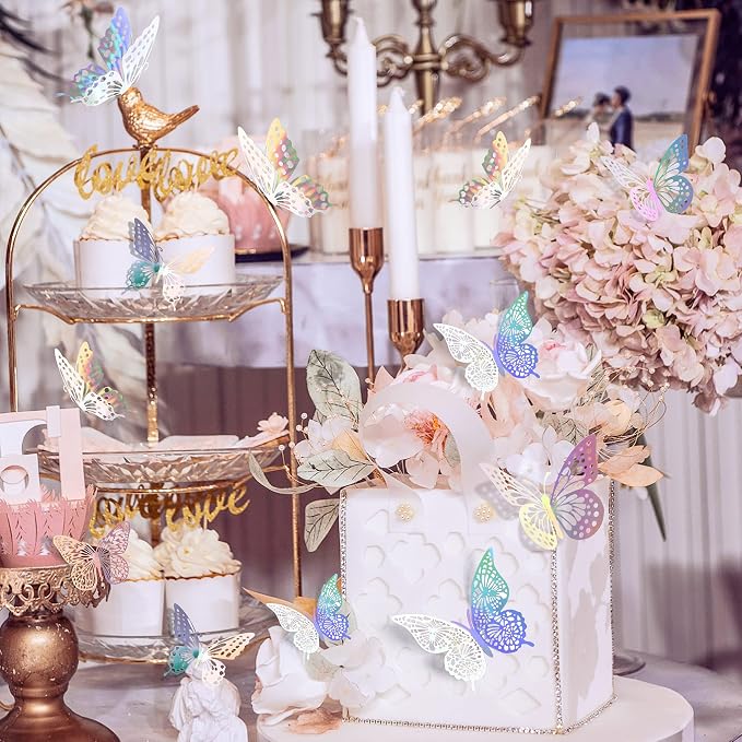 SAOROPEB 3D Butterfly Wall Decor 48 Pcs Laser Butterfly Birthday Decoration | 4 Styles 3 Sizes, Butterfly Party Decorations Cake Decorations, Removable Stickers