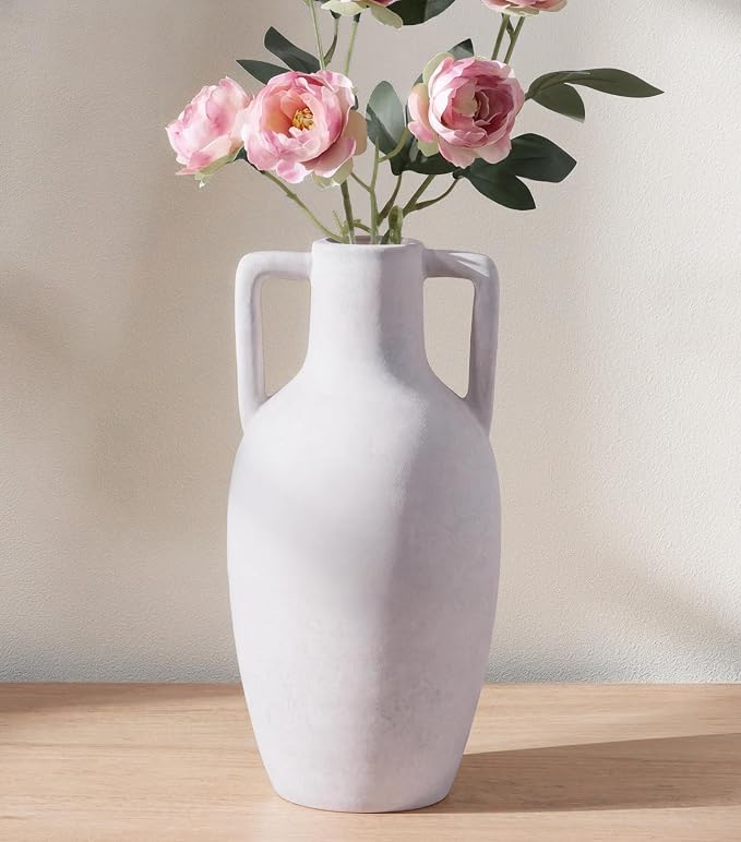 Ceramic Flower Vase with Handles, 12.8 inch Tall Ceramic Vase Farmhouse Rustic Vases Decorative Pottery Vases Large Floor Vase for Home Decor Living Room Table Bookshelf Centerpiece Fireplace, White