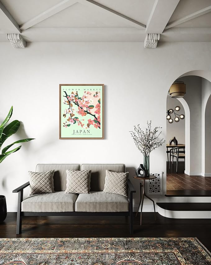 Japan Flower Market Art Print Poster, Wall Art Floral Painting Botanical Decor for Bedroom, Kitchen, Bathroom Livingroom Decoration 82B (Japan, 14"L x 11"W, Wood Frame)