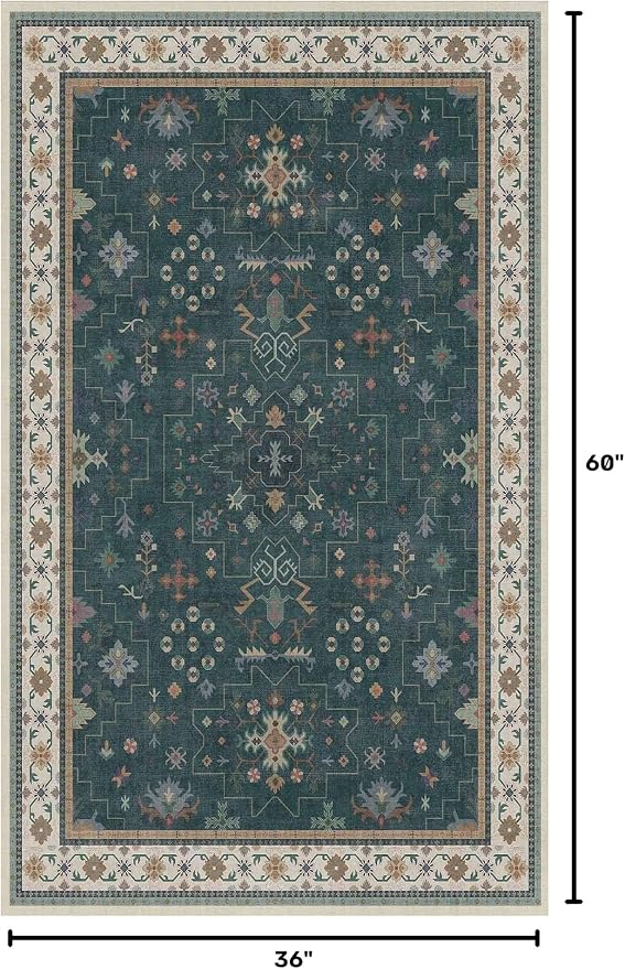Dark Green Oushak 3x5 Large Entryway Rug - Modern Vintage Boho Eclectic Floral Pastel, Washable Low Pile Non-Slip Area Rugs for Door Mat Indoor Entrance, Kitchen, Bedroom Beside Bed, Laundry