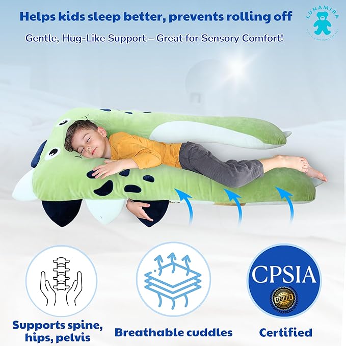 LUNAMIRA Dino Kids Body Pillow - 47" U-Shape Long Plush Soft Animal Pillow for Kids, Sleeping, Reading, ADHD & Special Needs Comfort, Anxiety, Washable Cover, Snuggle Fun Cuddle Gift for Boys & Girls