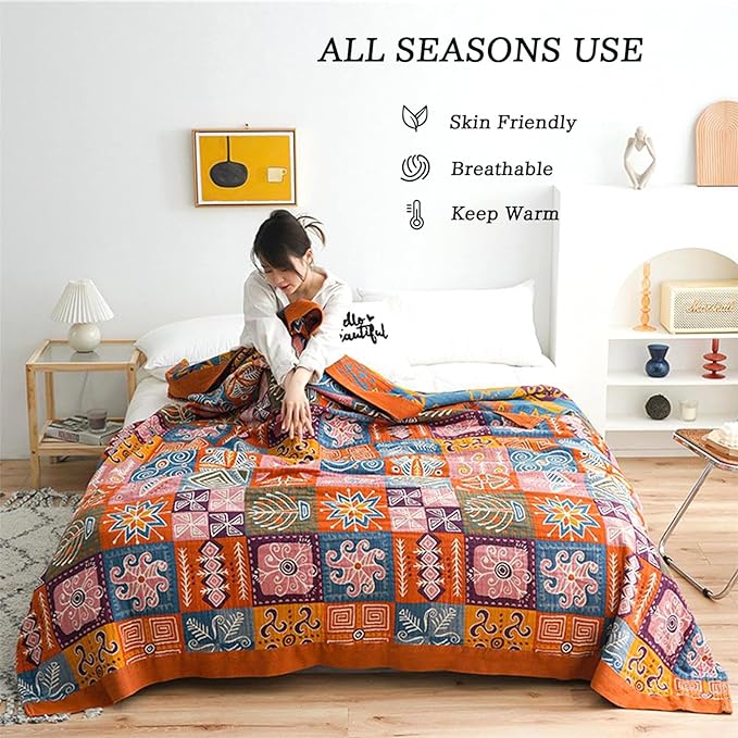 MSGKV Boho Throw Blanket 60"x80" 100% Cotton Checkered Throw for Couch | 100% Cotton Throw, Checkered Pattern, Reversible Woven, Lightweight Comfort, Farmhouse Decor, All Seasons, Machine Washable
