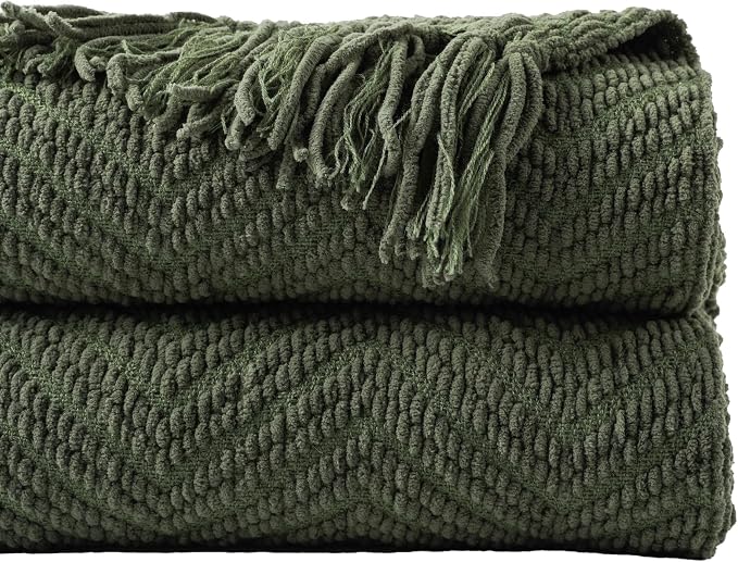 BATTILO HOME Olive Green Chenille Throw Blanket for Bed, 50" x 60" | Knit Throw Blanket, Super Soft Warm Home Decor Throw Blanket with Tassels for Couch,Sofa and Living Room