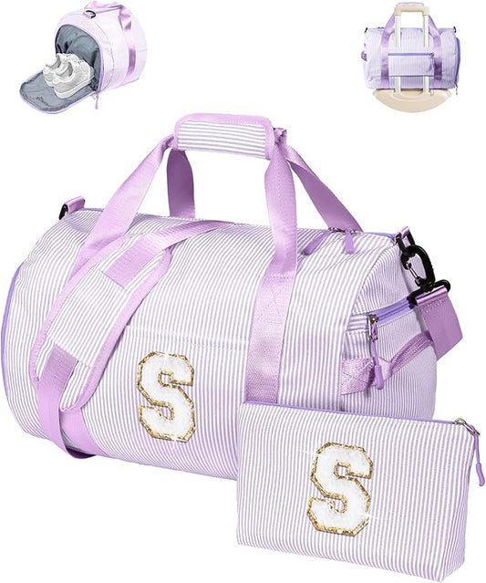 Birthday Gift for Grandkids, Girls Travel Duffle Bag, Kids Initial Overnight Duffel Bags with Shoe Compartment, Personalized Dance Bag with Cosmetic Pouch, Teenager Girl Gift Idea (Letter S)