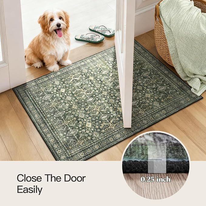 2x3 Area Rugs for Entryway Bathroom, Green Washable Kitchen Mats for Floor | Soft Door Mat Indoor Entrance, Farmhouse Carpet for Entry Living Room Bedroom, Stain Resistant, Low Pile, Vintage Rug