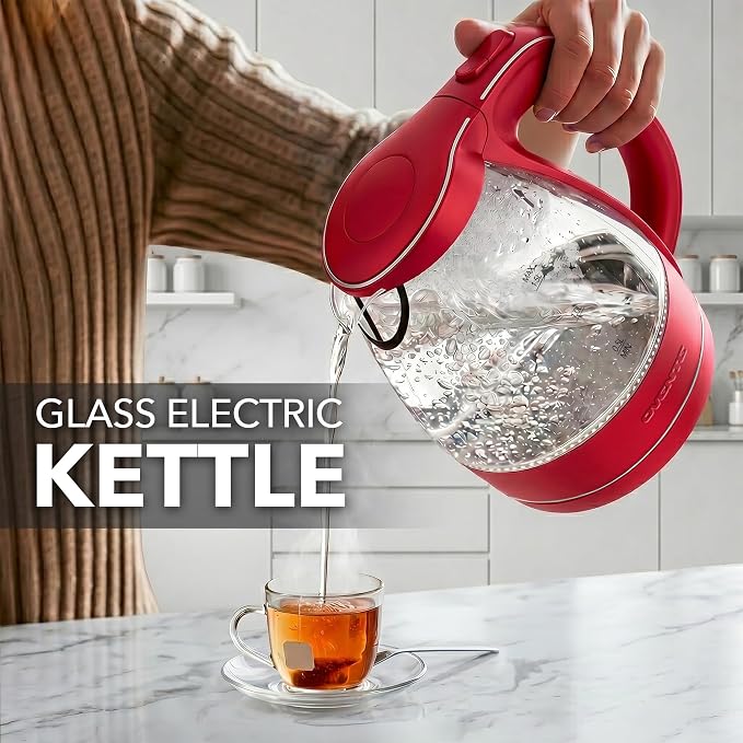 OVENTE Electric Kettle, 1.5L Borosilicate Glass Countertop Water Heater and Boiler for Coffee or Tea, BPA-Free, Auto Shut-Off, Boil-Dry Protection, Removable and Washable Spout Filter, Red KG83R