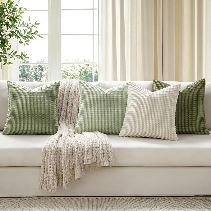 MIULEE Farmhouse Decorative Pillow Covers 20x20 Inch Set of 4 Light Green | Modern Natural Rustic Throw Pillows, Neutral Warm Soft Corduroy Couch Pillowcases, Home Decor for Sofa Living Room Bed