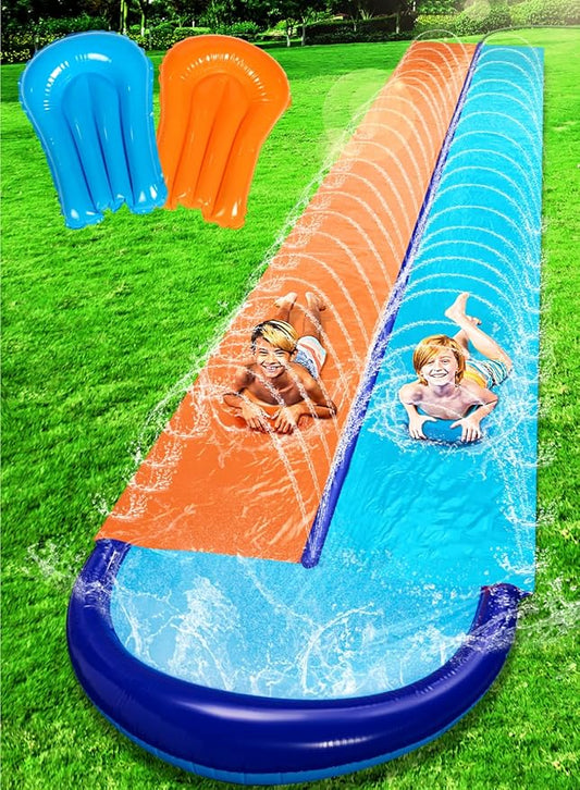 Sloosh 32.5FT Double Water Slides, Heavy Duty Lawn Slide with Sprinkler and 2 Inflatable Boards Backyard Yard Lawn Summer Outdoor Water Toy for Kids Adults