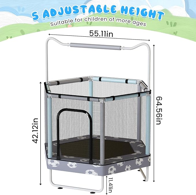 LAMERGE 55" 7-in-1 Round Trampoline for Kids Boys & Girls Ages 1-8, Indoor & Outdoor Trampoline for Fun, Adjustable Height Handrail ＆ Enclosed Safety Net ＆ Durable Designs for Toddlers Children