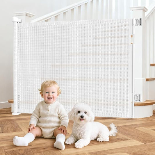 EZIGO Retractable Baby Gates Extra Wide Baby Gate for Large Opening Extra Long Mesh Gate for Kids or Pet Dog Gate Child Safety Gate for Stairs Hallways Doorway Indoor Outdoor (White, 41" X 55")