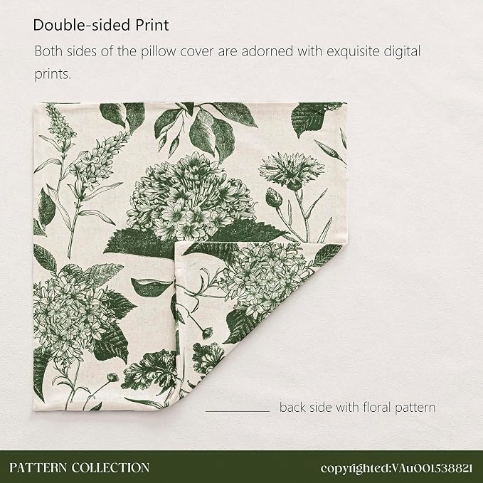 Foindtower Set of 2 Linen Floral Throw Pillow Covers Neutral Vintage Print Decorative Cozy Cushion Covers Farmhouse Boho Home Decor for Sofa Chair Couch Bedroom Living Room,24×24 Inch,Dark Green