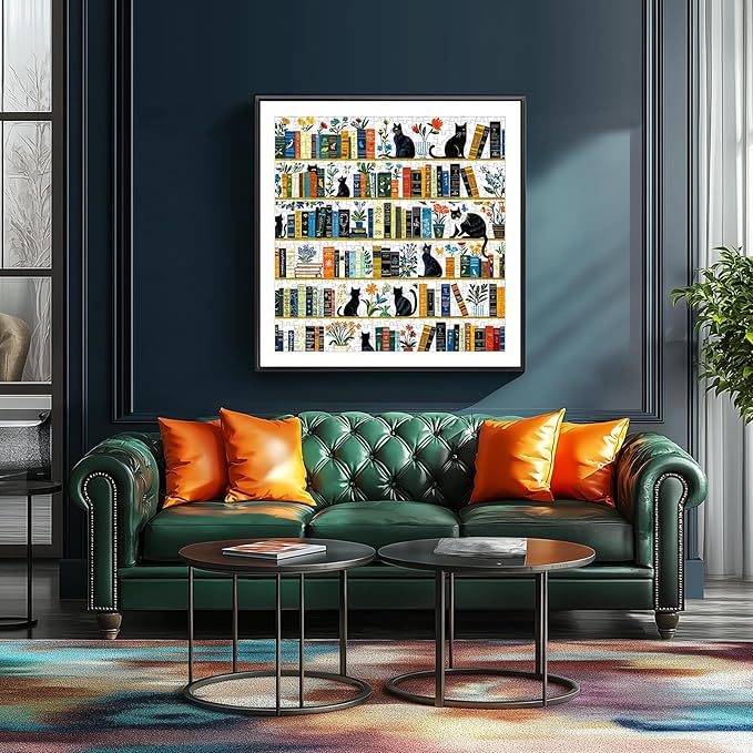 500 Piece Jigsaw Puzzle for Adults - Vintage Cats & Bookshelf Botanical Blooms Puzzle, 20x20 Inch Unique Art Puzzle, Challenging Hard Difficult Puzzles for Adults