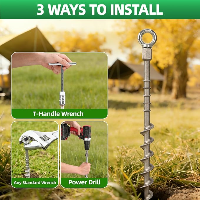 8 Pcs 12" Rustproof Aluminum Screw in Tent Stakes, Heavy Duty Ground Anchors with 8mm Adapter & Hooks, Durable Metal Stakes for Outdoor Camping, Tarp, Swing Sets, Lightweight & Strong Grip