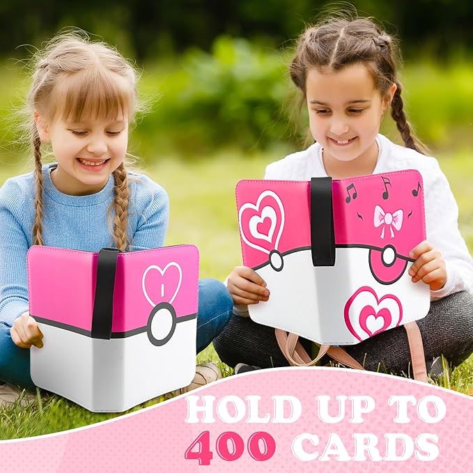 4 Pockets Trading Card Binder, 400 Card Holders with 50 Removable Sleeves, Portable Card Binder Album with zipper, Card holder Book for Game, Sport Collection (Light Pink)