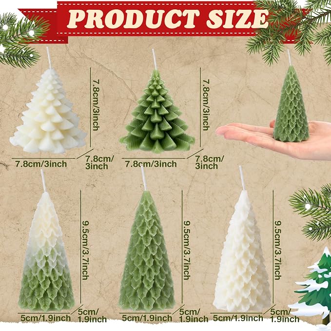 Conelist 6 Pcs Christmas Tree Candles Christmas Tree Shaped Taper Candles Decorative Xmas Wax Scented Candlesticks for Xmas Eve Winter Holiday Home Table Decoration Gift(White, Green,Assorted Style)