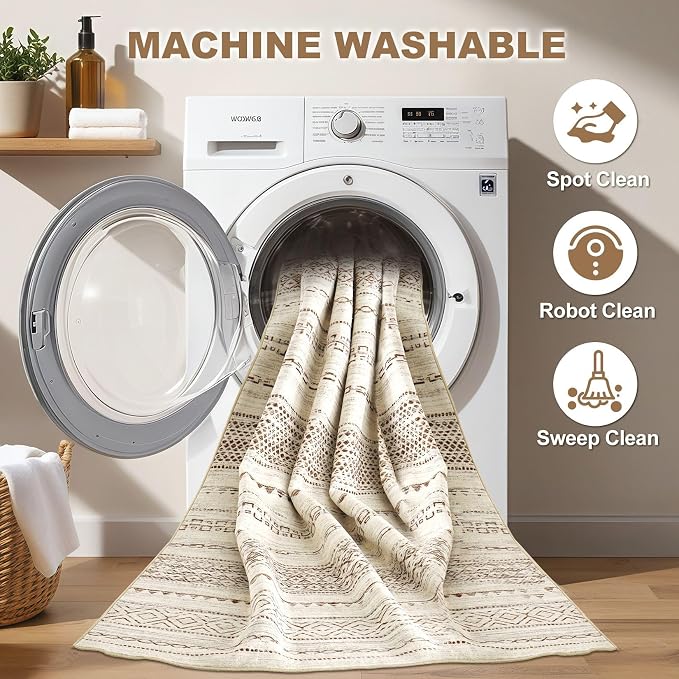 Nakagishi 12x15 Area Rugs Living Room: Washable Boho Large Neutral Modern Soft Farmhouse Rug Stain Resistant Indoor Non-Slip Accent Carpet for Bedroom Nursery Kids Playroom Office Dining Room- Brown
