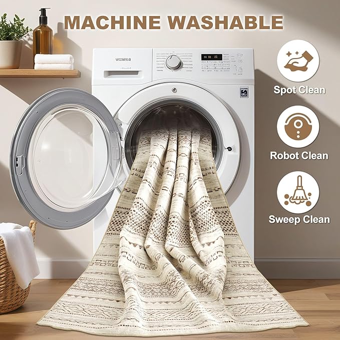 Nakagishi Boho 2x6 Runner Rug Machine Washable Rugs Non Slip Brown | Soft Underfoot, Stain Resistant, Carpet for Bedroom/Kitchen/Entryway/Hallway, Bathroom Pet & Kid Friendly Moroccan Farmhouse