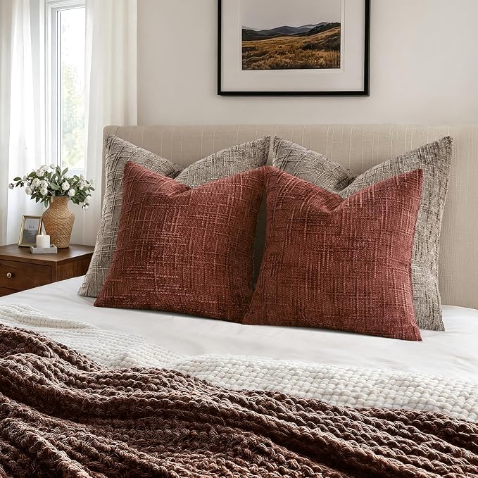 MIULEE Chenille Textured Fall Throw Pillow Covers Rust 18x18 Set of 2 | Slubby Decorative Pillows, Boho Farmhouse Rustic Home Decor, Modern Neutral Cushion Covers for Couch Sofa Bed Living Room