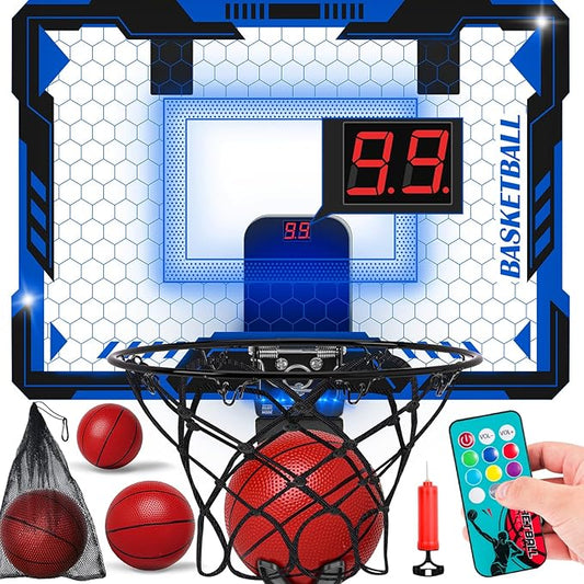 Remote Control Basketball Hoop Indoor for Kids-Over The Door Basketball Hoop with LED Light, Scoreboard, 4 Balls, Air Pump, Bag, Mini Hoop Gift Sport Toy for Boys Girls 3 4 5 6 7 8 9 10 11 12+, Blue