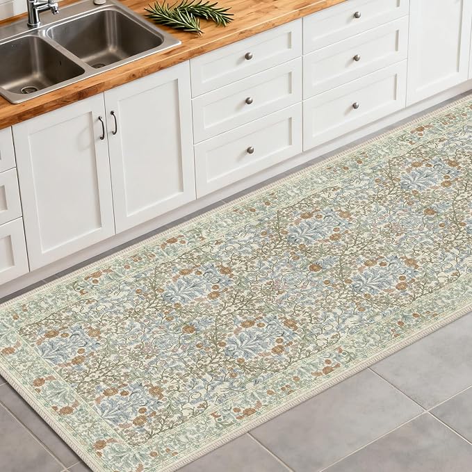 Washable 2'6" x 8' Runners for Hallways, Non Slip Long Floor Runner for Kitchen, Entryway Indoor, Stain Resistant Rubber Backing Floral Décor Rug (Beige Blue)