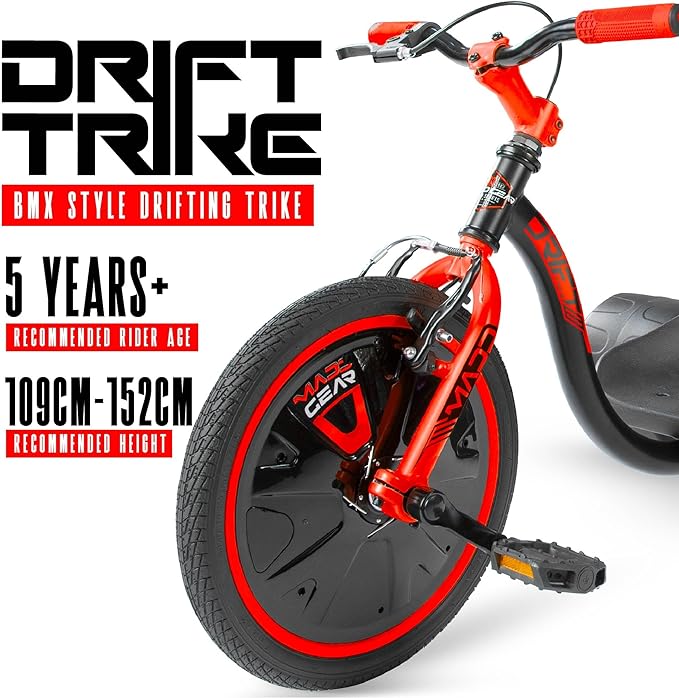 Drift Trike for Kids Ages 5+ – 16" Front Wheel Ride-On with Adjustable Seat, Steel Frame, Rear Slick Drift Wheels & Safety Flag – Madd Gear - (Black Red)