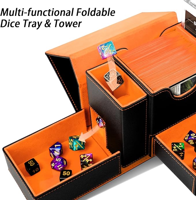 MTG Deck Box for Commander Display with Dice Tower, Fits 100 Double Sleeved Cards for TCG/PTCG, Cards Storage Case with Dice Tray and 35PT Magnetic Card Holder (Black＆Orange)