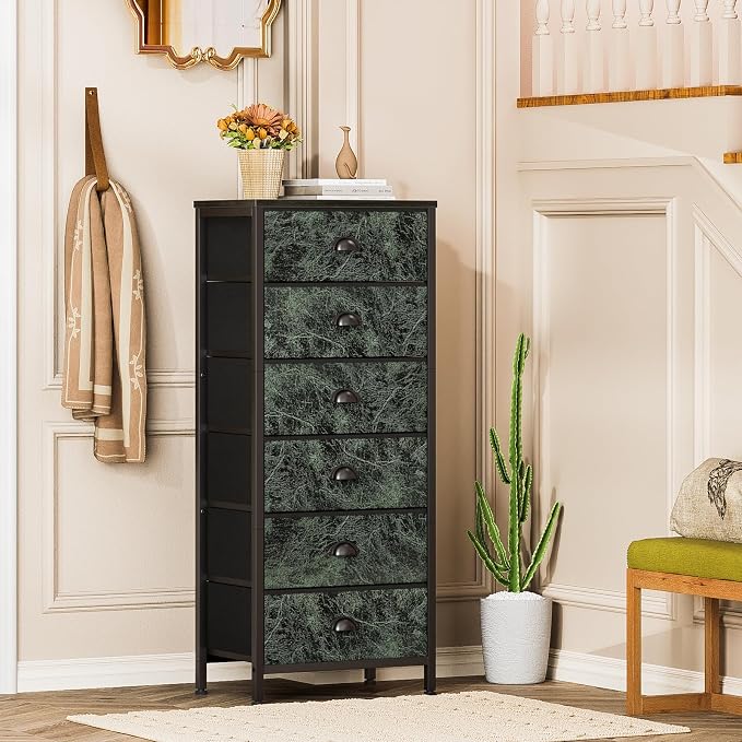 Dresser for Bedroom, 6 Drawer Tall Storage Tower Unit and Chest | Vintage Green Fabric Drawer Organizer in Dorm, Vertical Tall Nightstand Furniture in Living Room,Closet, Metal Frame,Wood Top