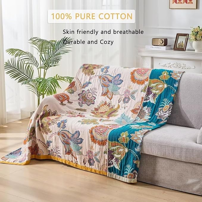 Boho Throw Blanket Farmhouse Decor Throw Blanket Bohemian Blanket for Bed 100% Cotton Muslin Woven Couch Blanket All Seasons Quilt Bedroom (B-Beige, 80"x90")
